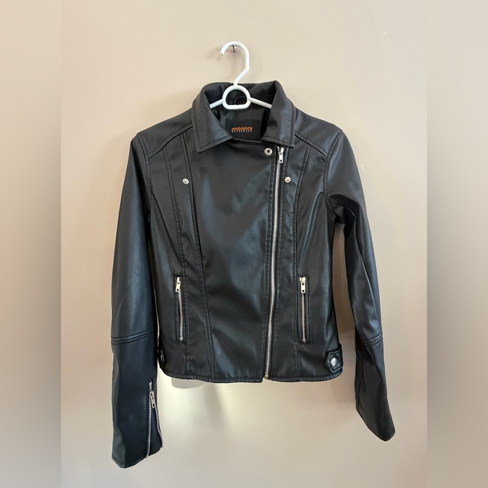 Ambiance Black Vegan Leather Faux Leather Full Zip Biker Jacket Long Sleeve Moto